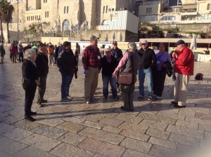 Pegram 2015 Holy Land Tour group outside the Western Wall prayer area being briefed by Malcolm, our guide...